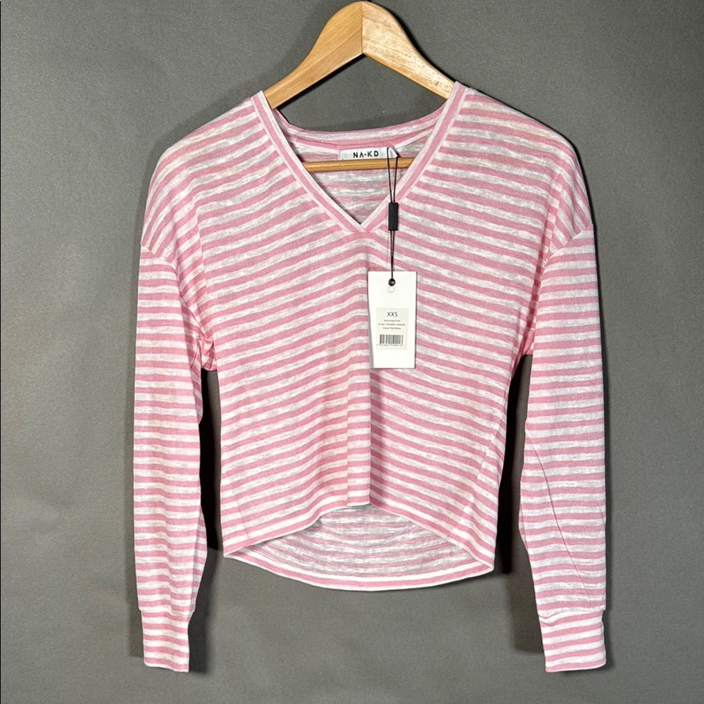 Pink Striped Women's Top by NA-KD Apparel UK, V-Neck